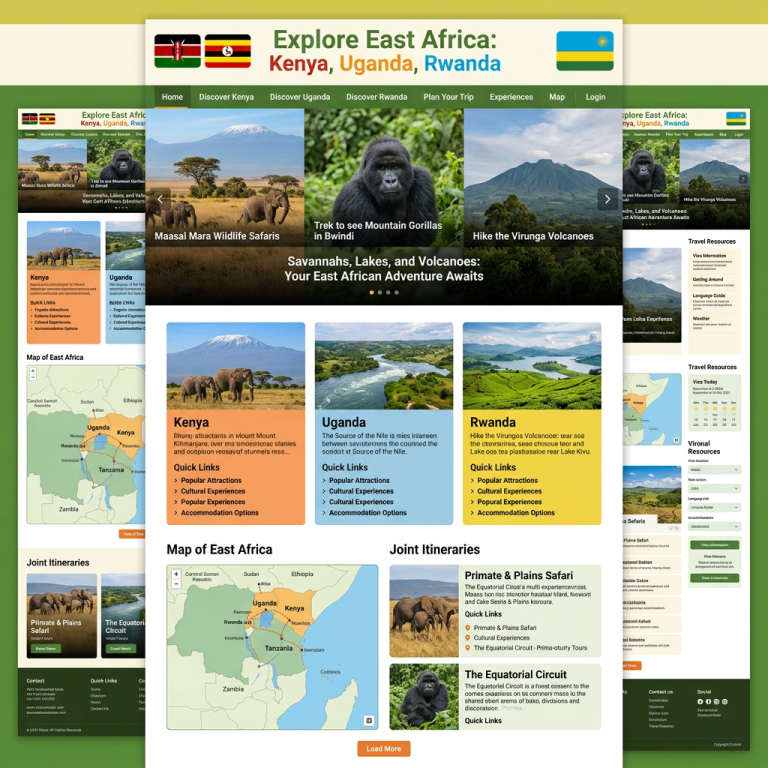 East Africa travel homepage featuring Kenya, Uganda, Rwanda, maps, and itineraries
