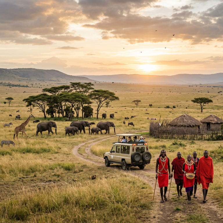 Safari vehicle and Maasai people walking among elephants, giraffes, and zebras