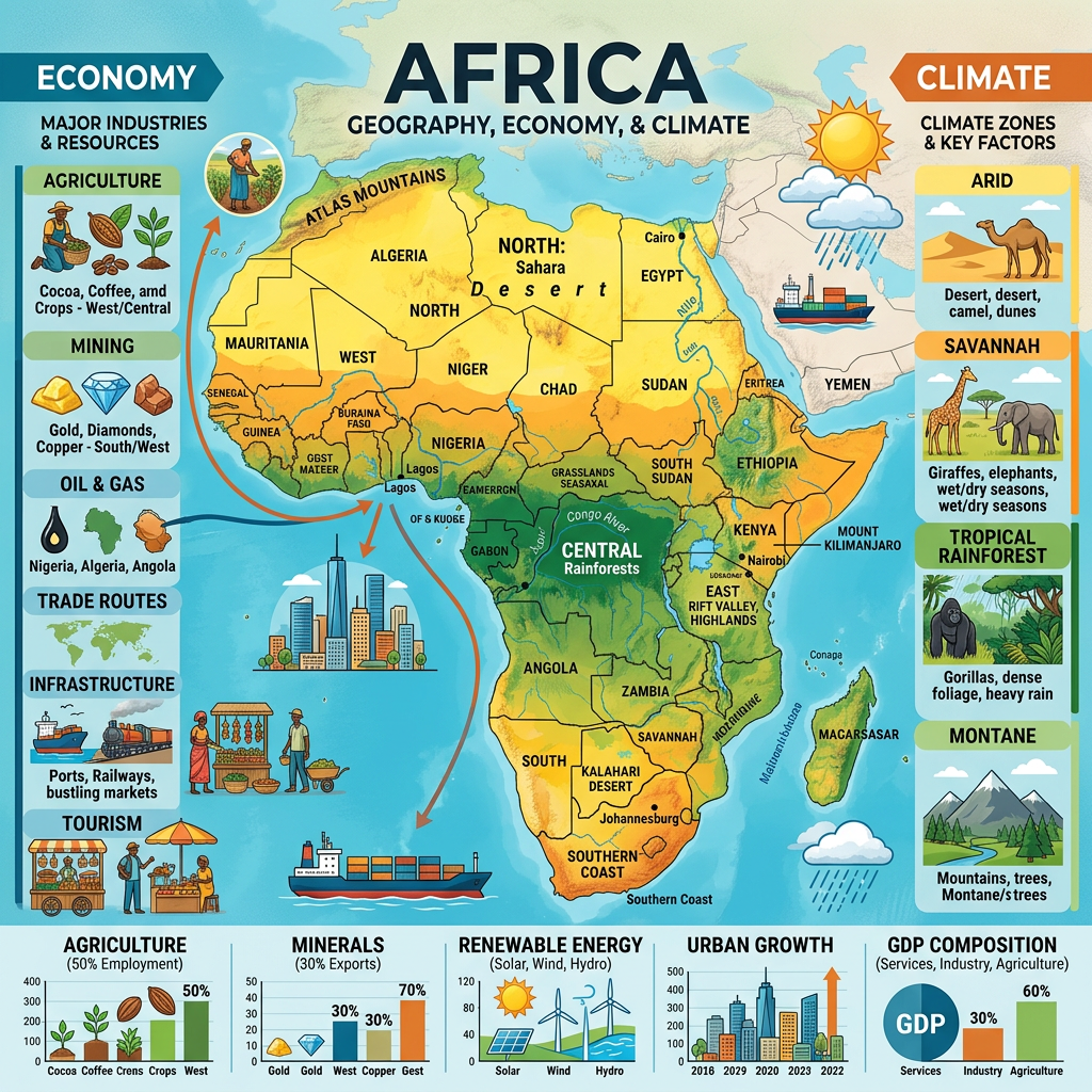 Infographic of Africa showing geography, economy, climate zones, and key industries